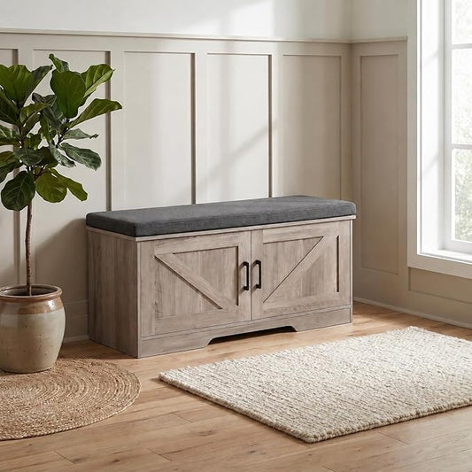 HOMSHO Farmhouse Shoe Storage Bench with 2 Barn Doors & Padded Seat Cushion | 39.4" Wide Entryway Bench with Adjustable Shelves & Hidden Storage, Greige