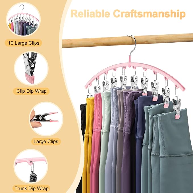 Metal Yoga Pants Hangers 1 Pack w/10 Clips Holds 10 Leggings, Space Saving Hanging Closet Organizer w/Rubber Coated Closet Organizers and Storage, Pink