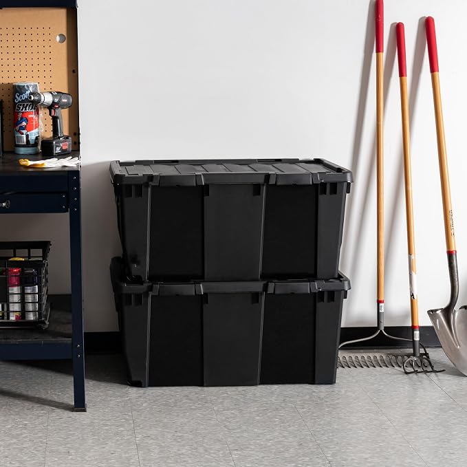 IRIS USA 2-Pack 32 Gal Heavy Duty Rolling Storage Totes with lids, Black | Integrated wheels make transporting heavy loads easier, Great for garages, workshops, camping gear and large equipment