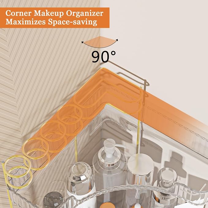 Webetop Corner Makeup Organizer 2 Tier Bathroom Storage with Brush Holder | Space-saving Corner Fit, Clear Acrylic Construction, Detachable Brush Slots, Non-Slip Base, Easy-access Tiered Design