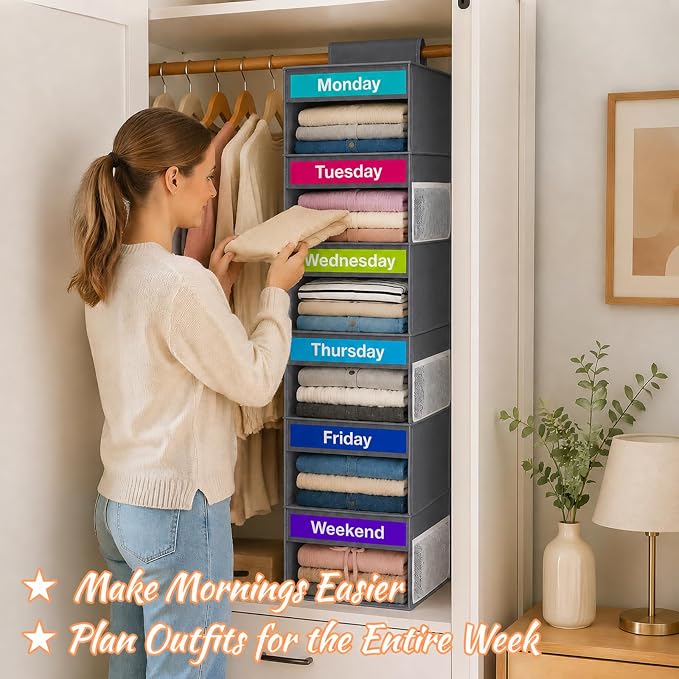 Weekly Clothes Organizer for Closet, 6-Shelf Hanging Closet Organizer with 6 Side Pockets(Grey)