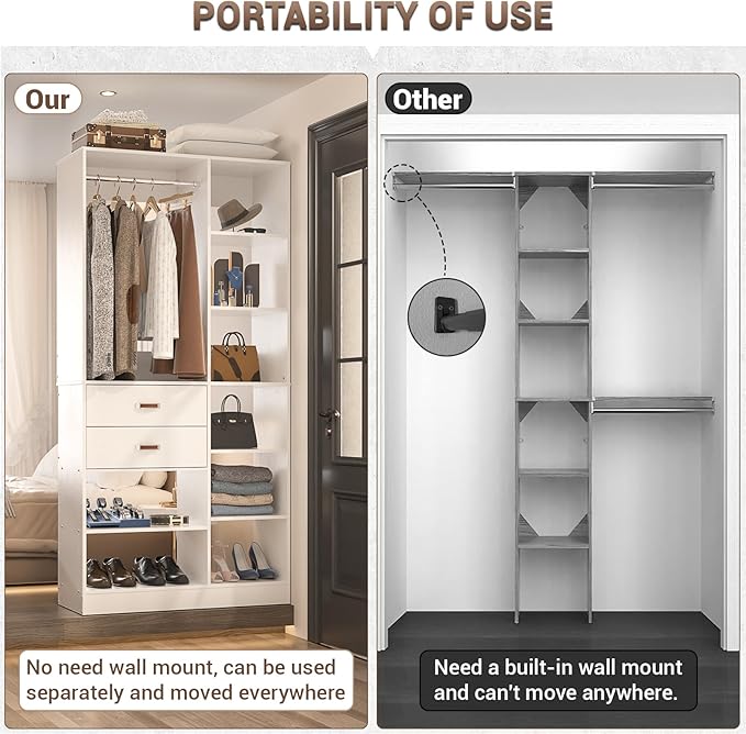 Freestanding Closet System, 40 Inches Stand-Alone Wardrobe with 10 Shelves, 80'' Height Adjustable Cloth Garment Rack with 2 Wood Drawers, Wood Walk-in Closet with Hanging Rod, White