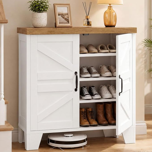 Heybly Modern Farmhouse Shoe Cabinet with Doors, Entryway Storage HSC001WWB | Adjustable Shelves, Hidden Shoe Storage, Versatile Entryway Cabinet Furniture with Thick Top, Reinforced Legs, Walnut-White