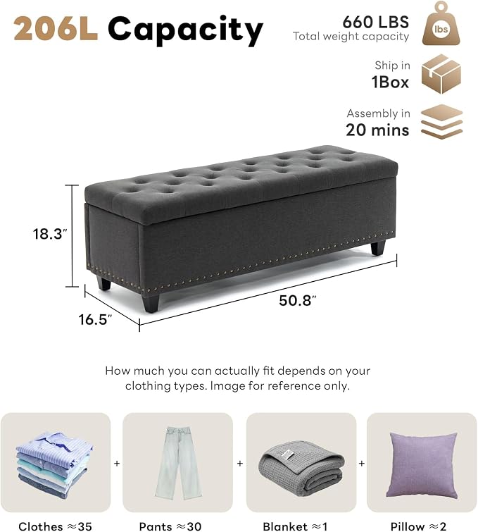Tbfit 50.8" Ottoman With Storage, Storage Bench with Button-Tufted, End of Bed Storage Bench Safety Hinge with Rivets, Large Storage Ottoman Bench for Bedroom, Living Room, Foot of Bed, Entryway(Grey)