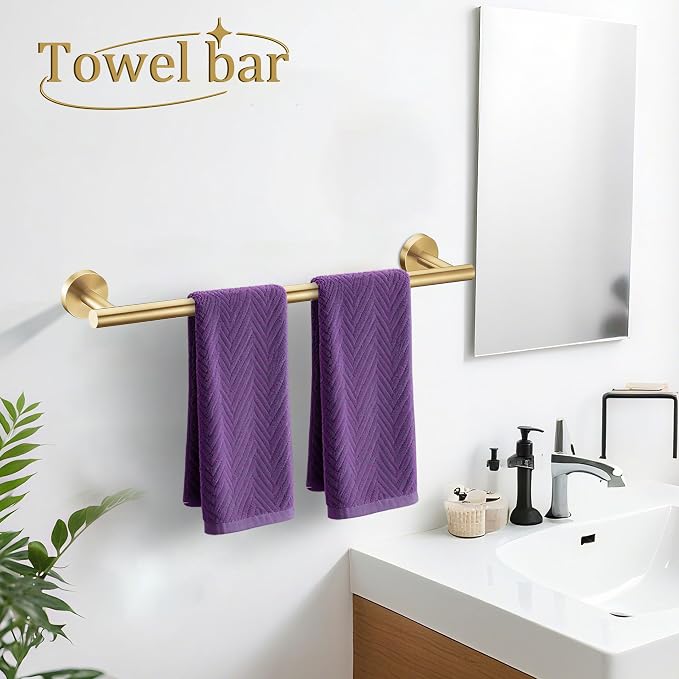 5 Pieces Brushed Gold Bathroom Hardware Accessories Set, SUS304 Stainless Steel 24 Inch Bath Towel Bar Set, Round Bathroom Towel Holder Set, Towel Racks for Bathroom Wall Mounted
