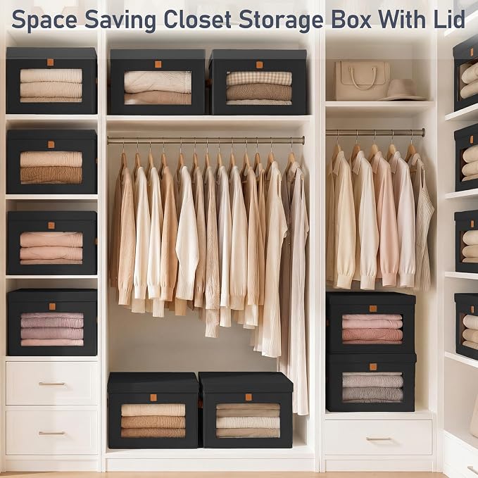 DIMJ Storage Bins with Lids - 4 Pack Front Opening Stackable Fabric Storage Boxes with Clear Window & Handles, Collapsible Closet Organizers for Clothes, Sweaters, Shelf Storage, Bedroom, Black