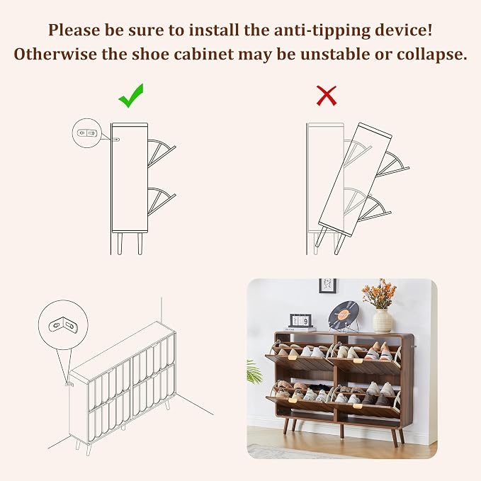 Shoe Storage Cabinet for Entryway with 4 Flip Drawers, Freestanding Narrow Wood Shoe Cabinet with Wave Panel, Hidden Shoe Organizer for Foyer, Hallway (Walnut)