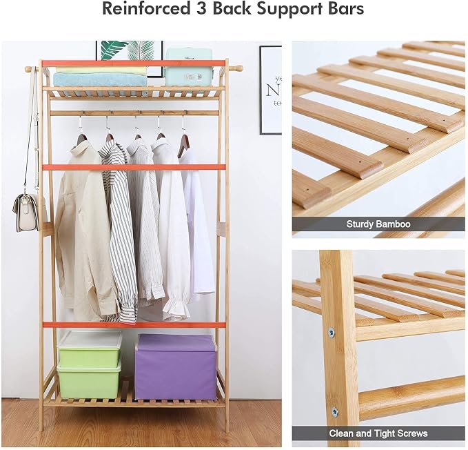 Ufine Bamboo Clothes Hanging Rack with 2 Tier Storage Shelves, 2 Coat Hooks | Portable Laundry Rack Closet Organizer Garment Rack for Bedroom Guest Room