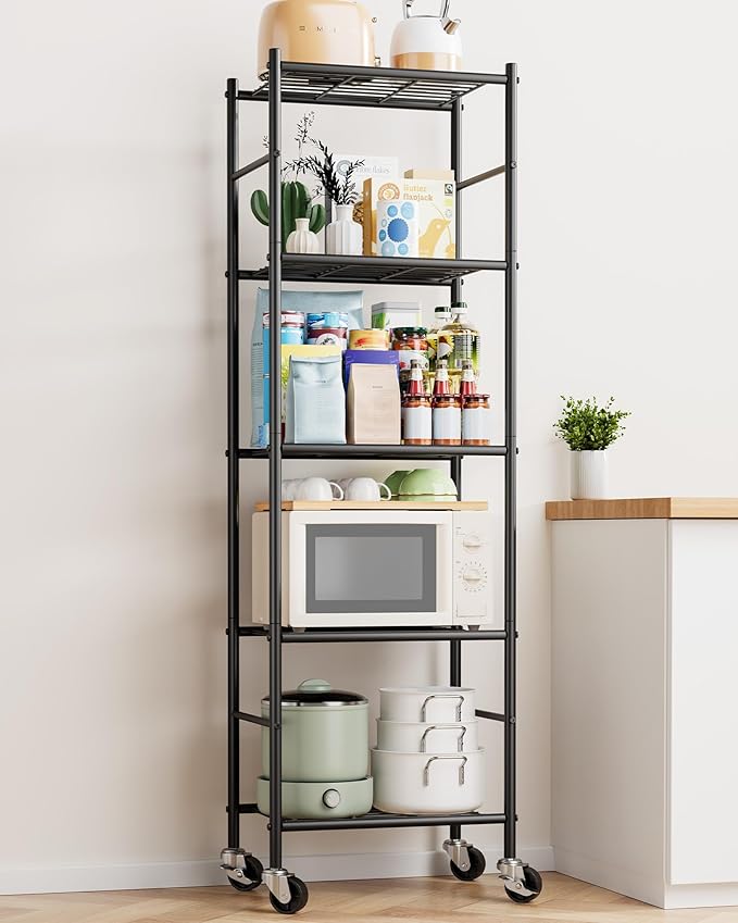 Sakugi 5-Tier Storage Shelves 18.1x12.6x58.7 Black with Wheels | Kitchen, Closet, Pantry, Garage, Heavy Duty, Adjustable Feet, Metal Construction
