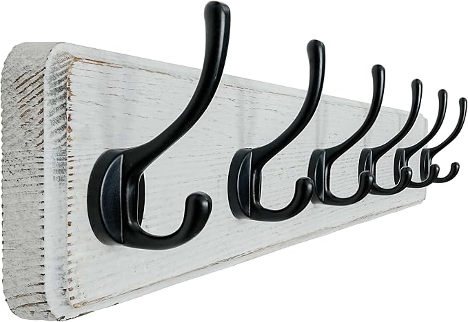 Coat Rack Wall: 24" Long, Patented, Heavy-Duty, 6-Double-Hooks Wooden Wall Mounted Coat Rack Coat Hanger Hook Rail for Winter Coats Hat Jacket Clothing, White & Black