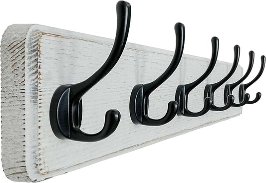Coat Rack Wall: 24" Long, Patented, Heavy-Duty, 6-Double-Hooks Wooden Wall Mounted Coat Rack Coat Hanger Hook Rail for Winter Coats Hat Jacket Clothing, White & Black