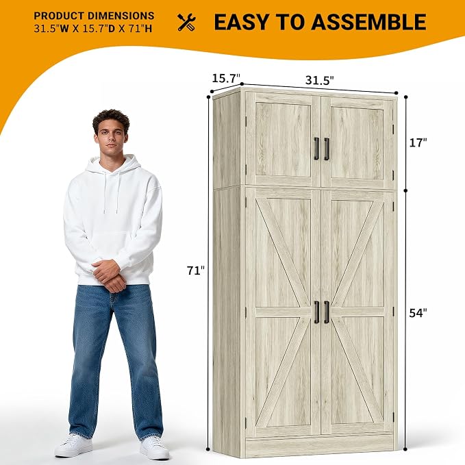 Unikito 71” Tall Pantry Storage Cabinet with Adjustable Shelves, Wash Gray | Large Farmhouse Kitchen Cabinet, Barn Doors, Sturdy and Deep, Versatile for Dinning Room, Living Room, Bathroom, Office