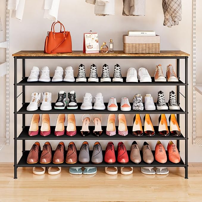 INGIORDAR 4 Tier Long Shoe Rack Storage Organizer Shelf for Closet Entryway | Spacious design,Large-Capacity stores 24 Pairs of Shoes for Closet,Entryway,Bedroom,Living Room,Garage,Black+Rustic Brown