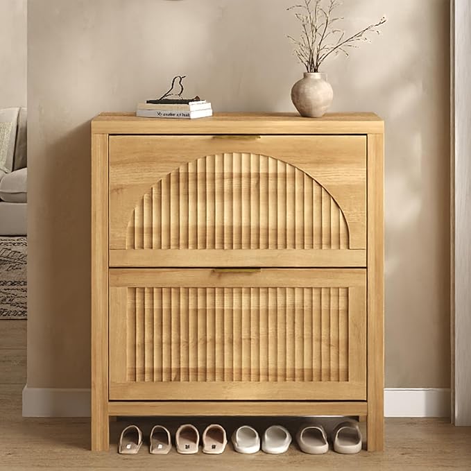 Fluted Shoe Cabinet Storage with 2 Flip Drawers for Entryway, Hallway | Hidden Shoe Rack Slim Freestanding Hidden Shoe Organizer for Foyer, Hallway, Living Room, Oak