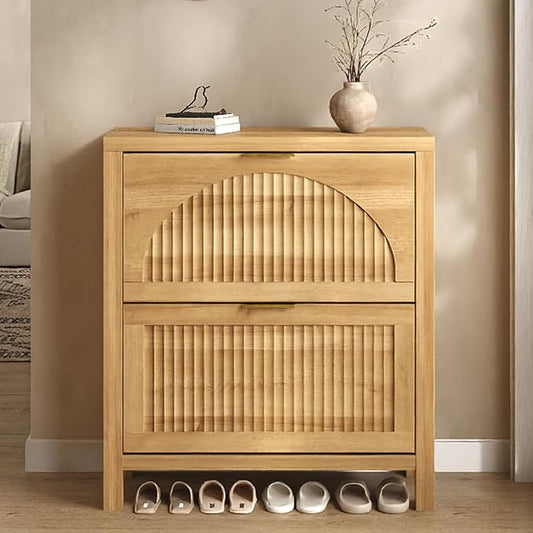 Fluted Shoe Cabinet Storage with 2 Flip Drawers for Entryway, Hallway | Hidden Shoe Rack Slim Freestanding Hidden Shoe Organizer for Foyer, Hallway, Living Room, Oak