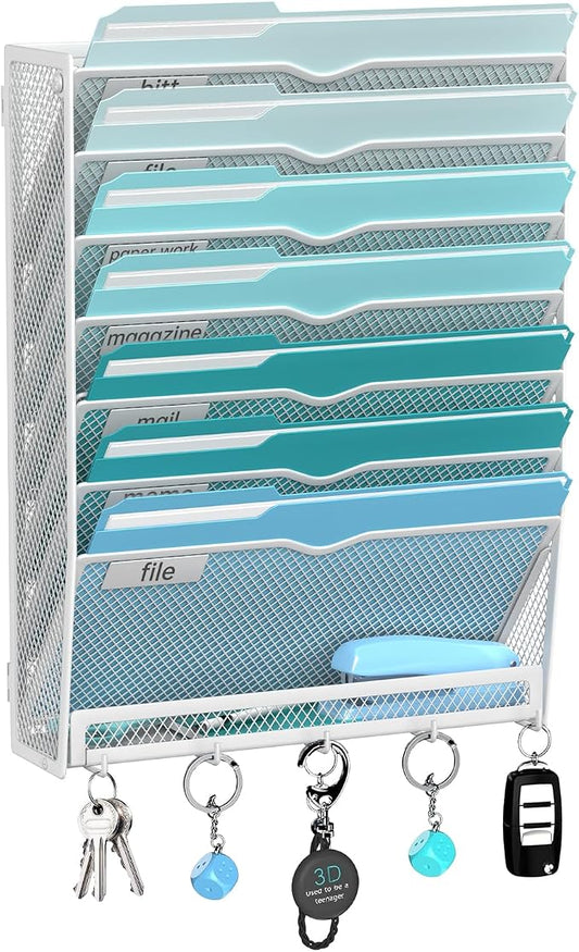 8-Tier Hanging Wall File Organizer with 5 Hooks, Mesh Wall File Holder Vertical Mount Mail Organizer for Papers, Folders, Magazines, Bills, Office and School, White