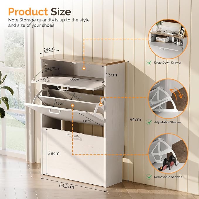 VINGLI Set of 2 Shoe Cabinets Storage for Entryway,2-Pack,Rustic White | 16–24 Pairs,Skirting Board Cutout,Drop-Down Drawer,9.4"D Slim,Farmhouse,2 Flip Drawers,Adjustable & Removable Shelf