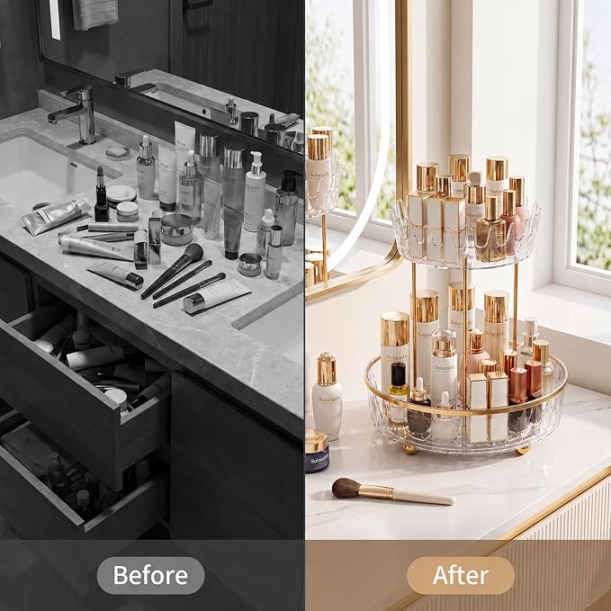 2 Tier Rotating Makeup Organizer for Vanity, Clear Bathroom Counter Organizer, Skincare Organizer and Perfume Organizer, Countertop Cosmetic Storage for Cabinet, Pantry and Kitchen (Clear)