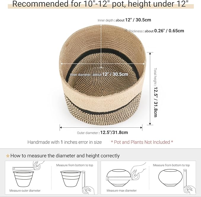 Dahey Plant Basket Indoor for 12 inch Pot Woven Jute Planter, Black | Fits 10"-12" Planters, Reinforced Structure, Foldable Laundry Bin with Handles, Jute Cotton Rope, Decorative Flower Pot Cover