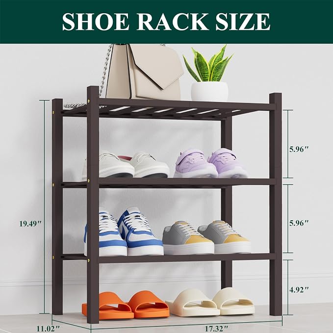 Smiry Bamboo Shoe Rack, 14 Vertical Slats, 3 Tier - 17.3" Wide, Brown | Stackable Free Standing Wooden Shoe Organizer, Wood Shoe Storage Shelf for Closet, Entryway, Thicher Leg