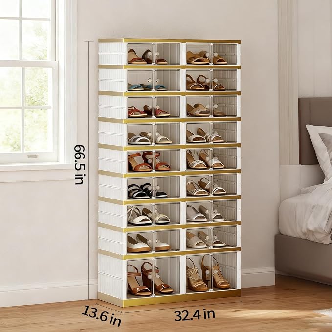 SYNCVIBE Shoe Rack Organizer for Closet Entryway Foldable Sneaker Storage Shoe, Collapsible Shoe Cabinet, Stackable Shoe Storage Cabinet with Lids for Living Room (9 Tiers -36 Pairs White Gold)