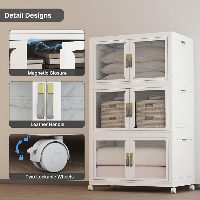 Stackable Storage Bins with Lids, 540QT Extra Large Storage Cabinet | Clear Doors, Foldable Storage Drawers, Heavy Duty, Collapsible Closet Organizers for Bedroom Office (3, White, 180, Quarts)