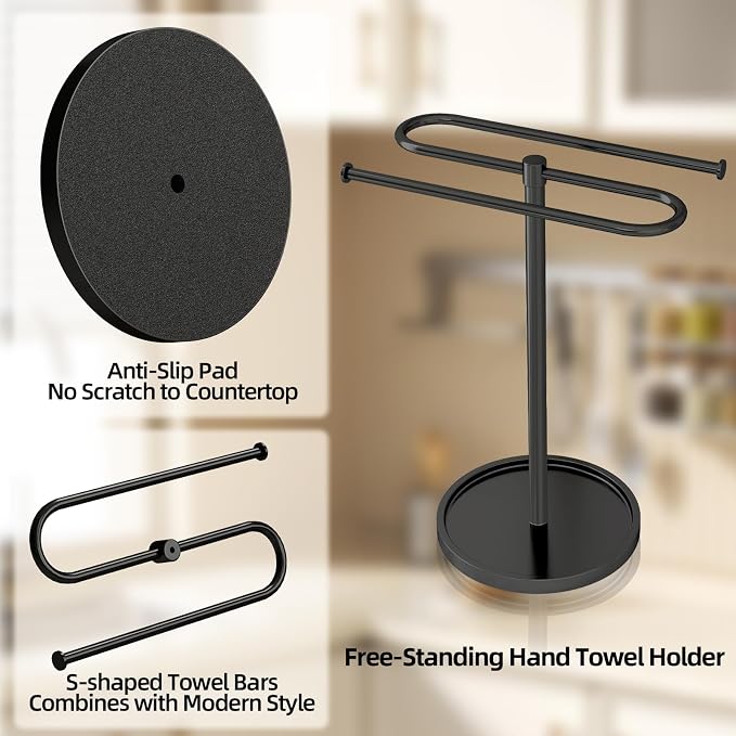 Bethom Hand Towel Holder Stand for Bathroom Countertop,S-Shape Bar,Black | Stainless Steel Hand Towel Racks Standing Holds 2 Towels for Kitchen
