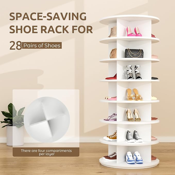 Rotating Shoe Rack 7 Tier Spinning Shoes Organizer Tower for 28-32 Pairs Lazy Susan 360 Revolving Shoe Storage Cabinet Rotate Shoe Handbag Rack Round Carousel for Closet, Bedroom (White)