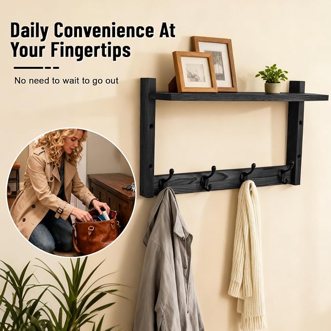 28" Coat Rack Wall Mount with Shelf with 7 Hooks 3 Key Hanger | Entryway Key Holder Wall Mount Wood Wall Coat Hooks, Wall Mounted Coat Rack Mail Holder for Living Room, Bedroom