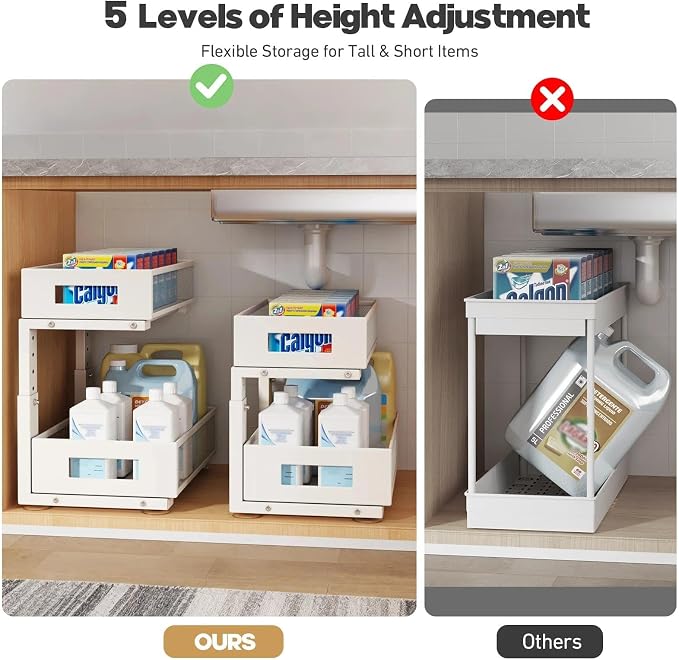 Under Sink Organizer, 2-Tier Dual Pull Out Cabinet Organizer Drawers With Smooth Circular Rail, Large Capacity Metal Mesh Sliding Shelves For Bathroom& Kitchen Storage,Height Adjustable–White,1 Pack
