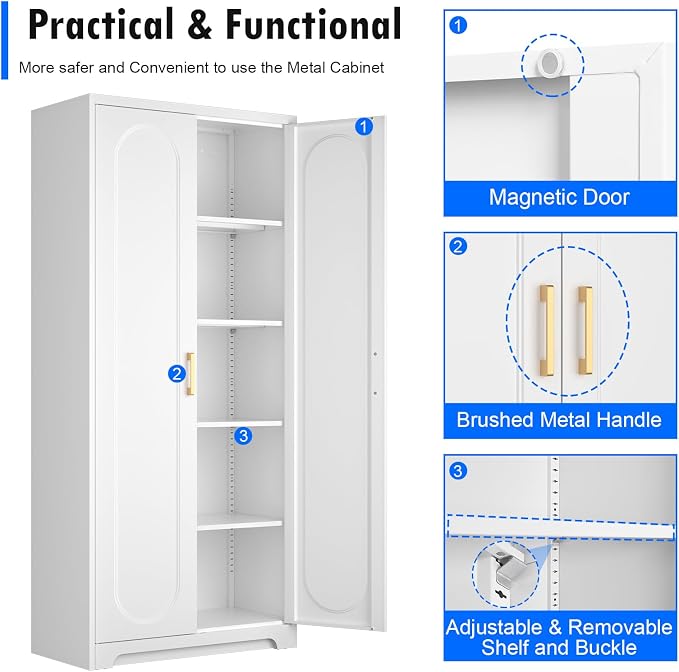 Polup 71" White Metal Kitchen Pantry Storage Cabinet with Doors and Shelves | Freestanding Cupboard, Cold-Rolled Steel, 5-Tier Heavy Duty, Adjustable Shelving, Gold Handles, for Garage Office & Laundry