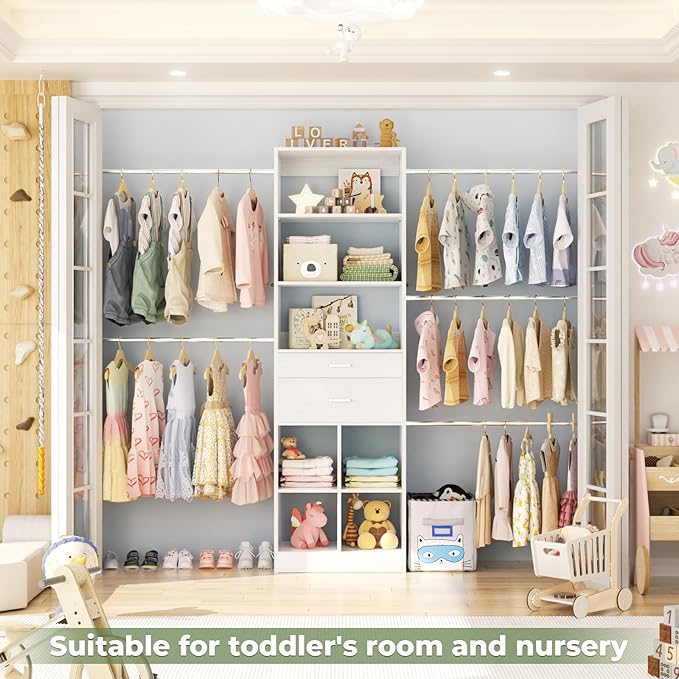 Besiost Closet System, 4-8 FT Closet Organizer Tower with 2 Wooden Drawers and Shelves, Can Fit 60 to 96 inch Walk-in Closet System with 5 Hanging Rods, Built-in, White