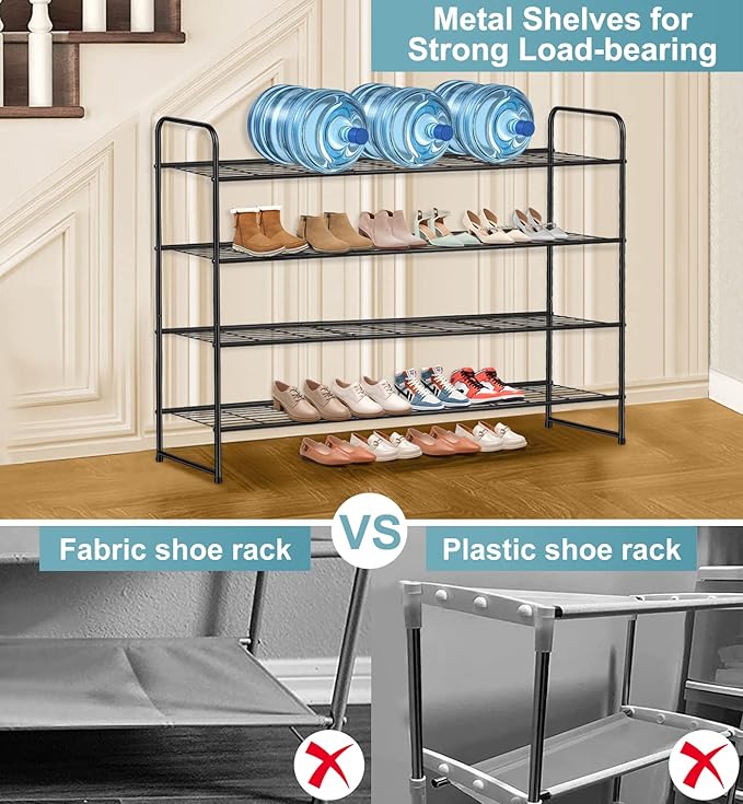 AOODA 4 Tier Long Metal Shoe Rack for Closet Wide Stackable Shoe Storage Organizer for Entryway, Bedroom, Floor, Holds 30 Pairs Men Sneakers Large Boot Shelf with Wire Grid, Black