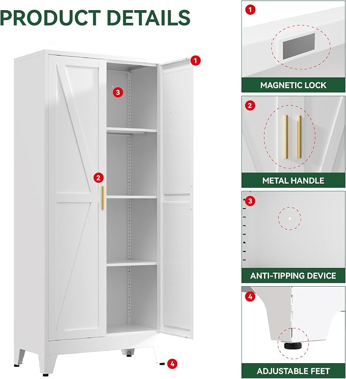 Kitchen Pantry Cabinet with Barn Doors,61" H x 27.5" W,Metal Farmhouse Storage Cabinet with Adjustable Shelves,4-Tier Storage Cabinet for Kitchen Dining Room Garage Office,White 1 Pack