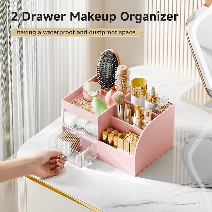 Makeup Organizer with 2 Drawers, Makeup Organizers Countertop for Vanity and Bathroom, Make up organization and Skincare Storage with Brush Holder, for Dresser, Desktop, Cosmetic Display Case (Pink)