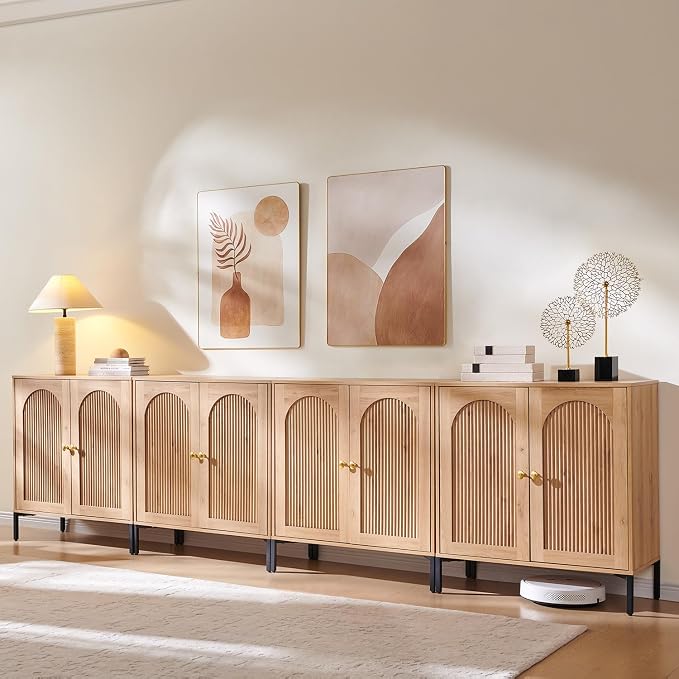 IFGET 123.5" W Modern Arched Sideboard Buffet Cabinet with Storage, Natural | Fluted Arch Sideboard Cabinet w/Adjustable Shelves, Wooden Modular Kitchen Cabinet for Dining& Living Room, Entryway