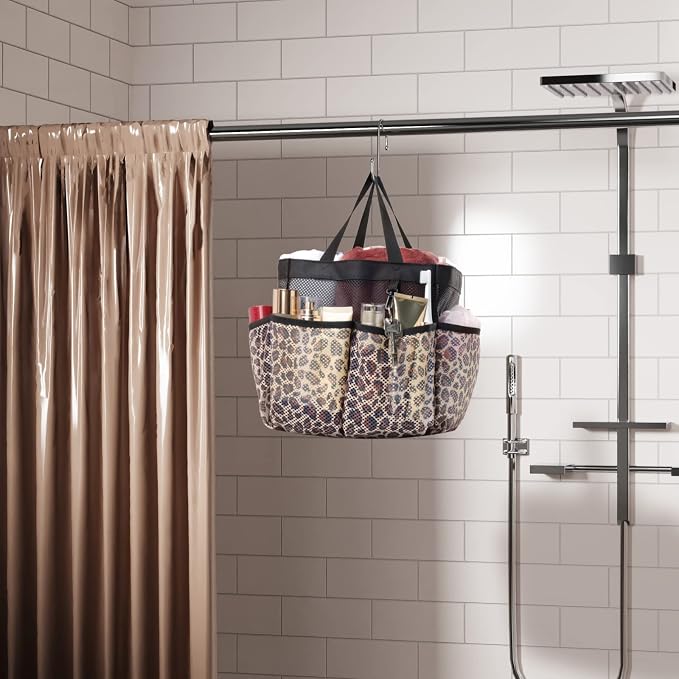 Mesh Shower Caddy Portable - 2 Packs, S-Hook, Shower Bag for Dorm Camping | 8 Pockets, 2-Handle, Quick-Dry, Hanging College Dorm Room Essentials for Girls, Gym, Travel & Bathroom, Black & Leopard