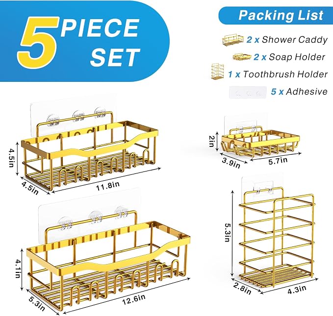 Shower Caddy 5 Pack,Adhesive Shower Organizer for Bathroom Storage&Home Decor&Kitchen,No Drilling,Large Capacity,Rustproof Stainless Steel Bathroom Organizer,Shower Shelves for Inside Shower-Larger