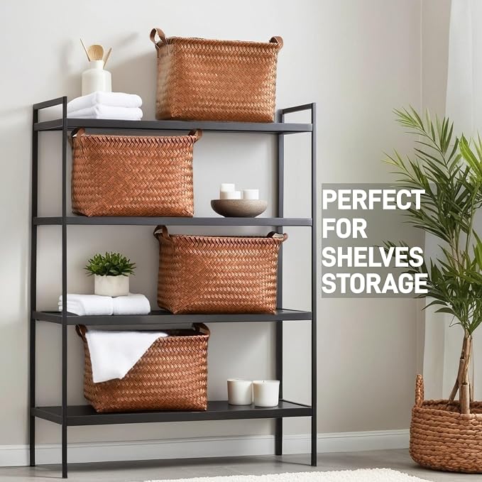 GIB Wicker Woven Storage Baskets for Organizing Blankets Laundry Shelves | Clothes Hamper, Large Closet Storage Bins Organizer, for Living Room Toys Shoes Organization, Plastic Rattan, Brown, 4 Pack