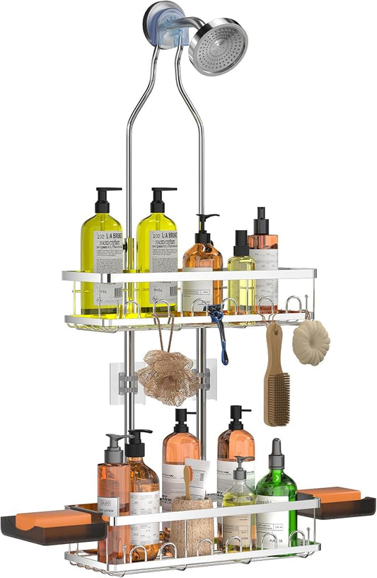 Skyapex Shower Caddy Hanging: Adjustable Height, Rustproof Shelves with Hooks, 2 Soap Holders - Silver Shower Organizer Over Showerhead