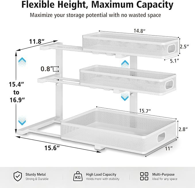 Under Sink Organizer, 3 Tier Pull Out Cabinet Organizer with 5 Adjustable Heights, Metal Under Sink Storage with Sliding Drawers for Kitchen, Bathroom, Pantry and Laundry Room, 2-Pack White