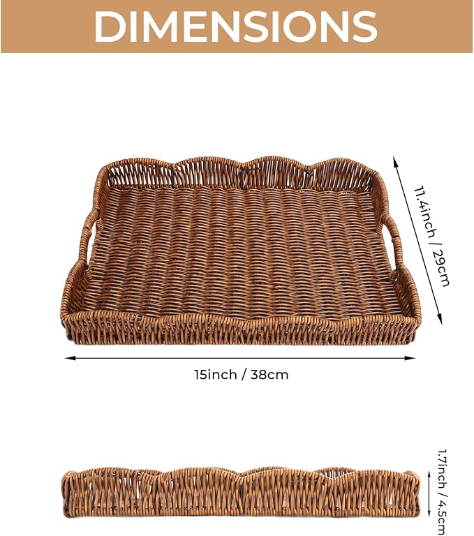 Rectangle Wicker Scalloped Tray, Hand Woven Synthetic Rattan Serving Tray with Handles, Coffee Table Decorative Tray Basket for Modern Boho Rustic Home Ornament or Organizing (Brown)