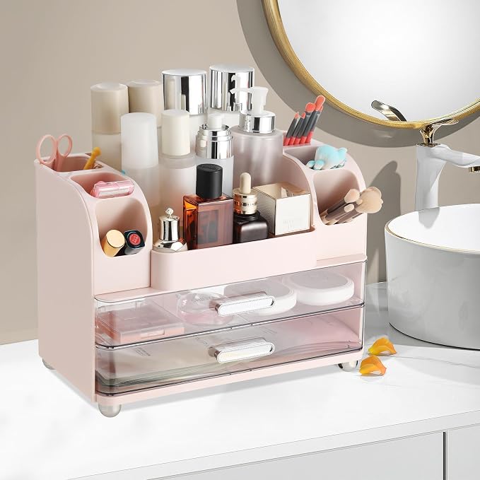 Large Makeup Organizer Countertop with Drawers, Make Up Organizer for Vanity, Makeup Storage Organizer Countertop Makeup Organizers for Skincare, Pink