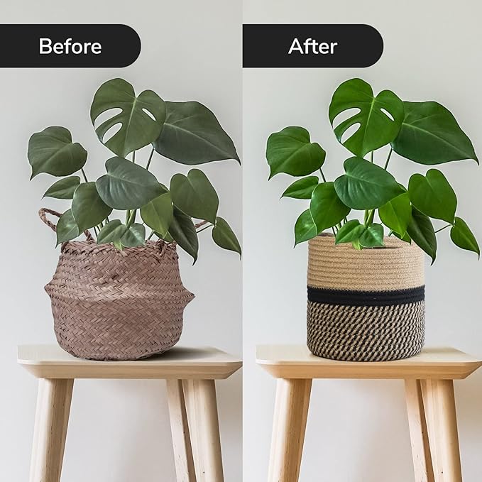 TIMEYARD Small Wicker Plant Basket, Planter for Indoor Plants, Black Jute | 8" x 8" Storage Organizer Basket Rustic Home Decor, Wicker Planter, Woven Pot for Indoor Plants