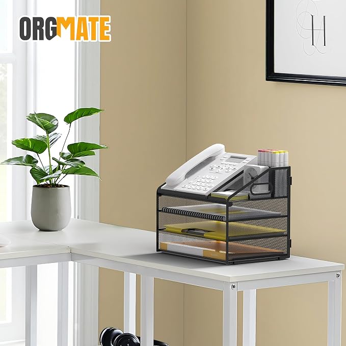 4 Tier Mesh Desk Organizer with Pen Holder and Handle Letter Tray | Metal desktop document shelf and paper sorter. Premium mesh workspace storage for office, home, and classroom