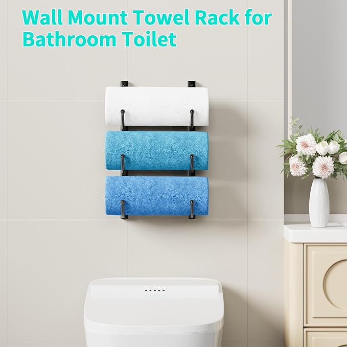 HapiRm Rolled Towel Racks for Bathroom - 3-Tier Over The Door & Wall Mounted Bathroom Towel Storage, Hanging Metal Organizer for Towels & Bath Sheets, Space Saving Rack for Bathroom, Camper, RV, Black