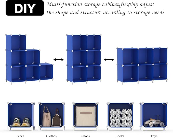 AWTATOS Cube Storage Organizer, 6 Cube Closet Organizers Storage Shelves | DIY Stackable Closet Storage Cubes Shelf Bookshelf, Plastic Clothes Organizer Shelving for Bedroom, Home, Admiral Blue
