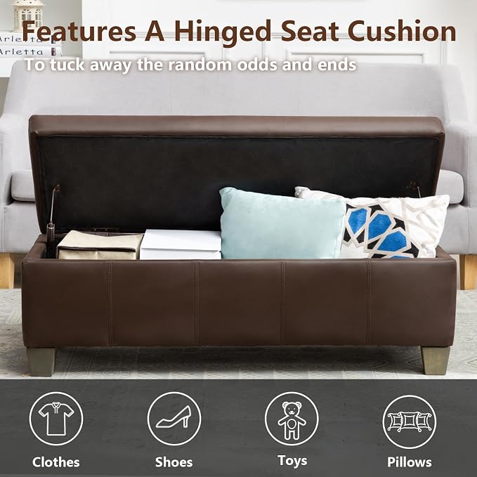 51 Inch Storage Ottoman, Storage Bench with Safety Hinge, Upholstered Synthetic Leather Ottoman Bench for Bedroom, Living Room, Entryway, Hallway, Foot Rest, Support 500lbs, Brown