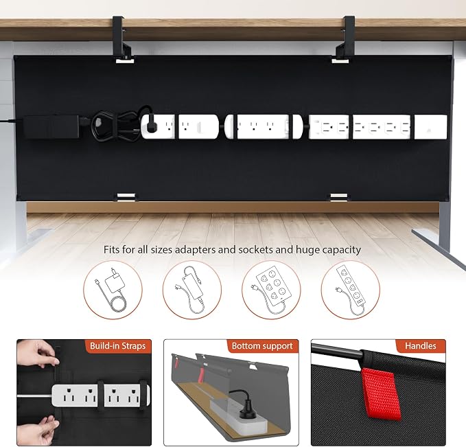 Univivi No Drill Under Desk Cable Management Tray, 48 inch Cable Management | Clamp/Screw Mount Desk Cable Organizer, Premium Fabric Cable Management Tray, Large Capacity Cord Organizer for Office, Home
