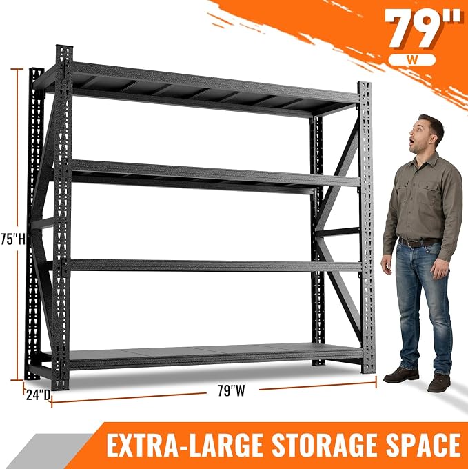 7000LBS Garage Shelving, 79" W Heavy Duty Metal Adjustable 4 Tier Storage for Warehouse, Basement, Shop and Office, Commercial-Grade Steel Organizer, 79" W x 24" D x 75" H